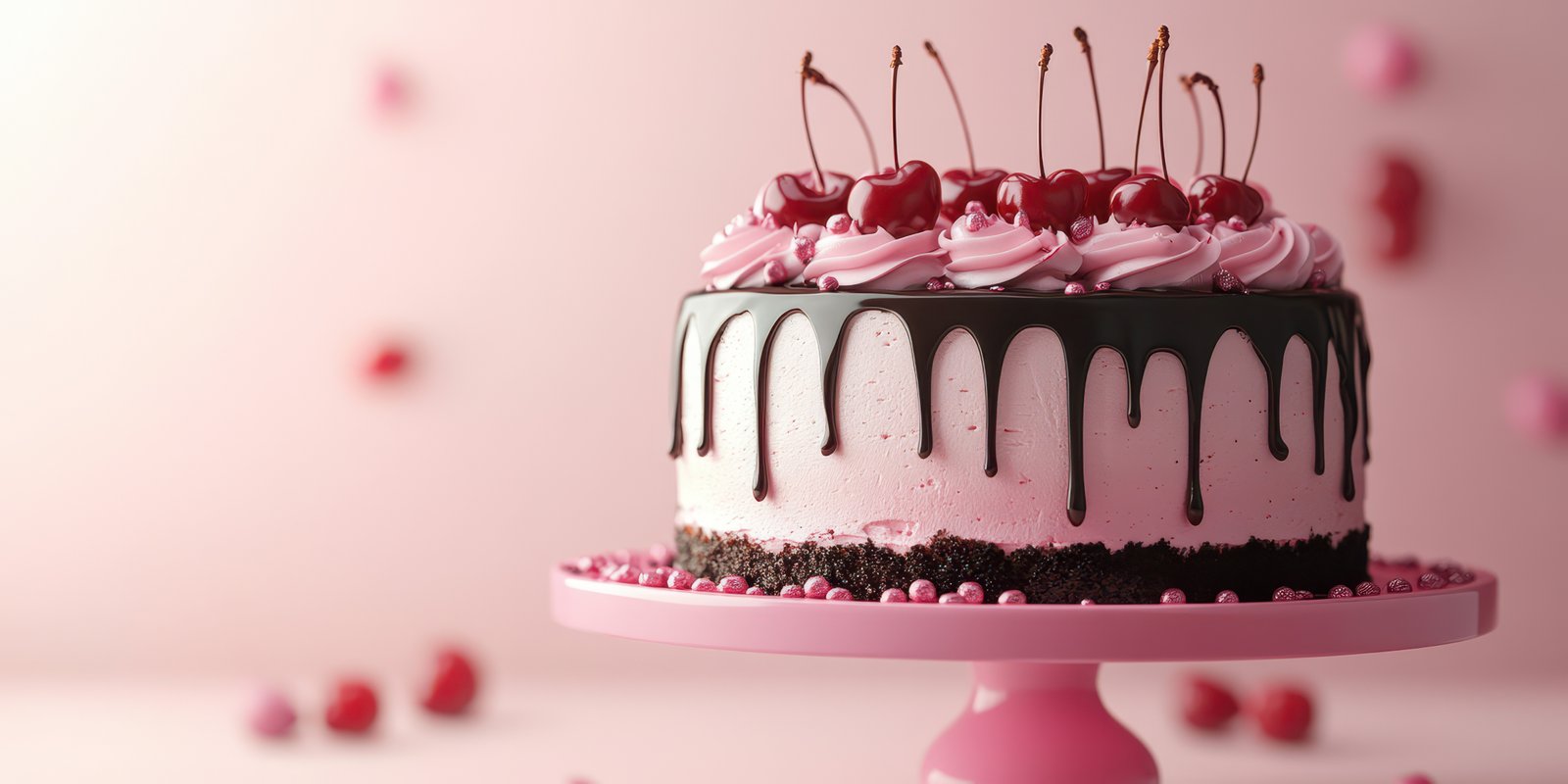 Delicious cherry chocolate cake decorated with whipped cream and fresh cherries on a pink background